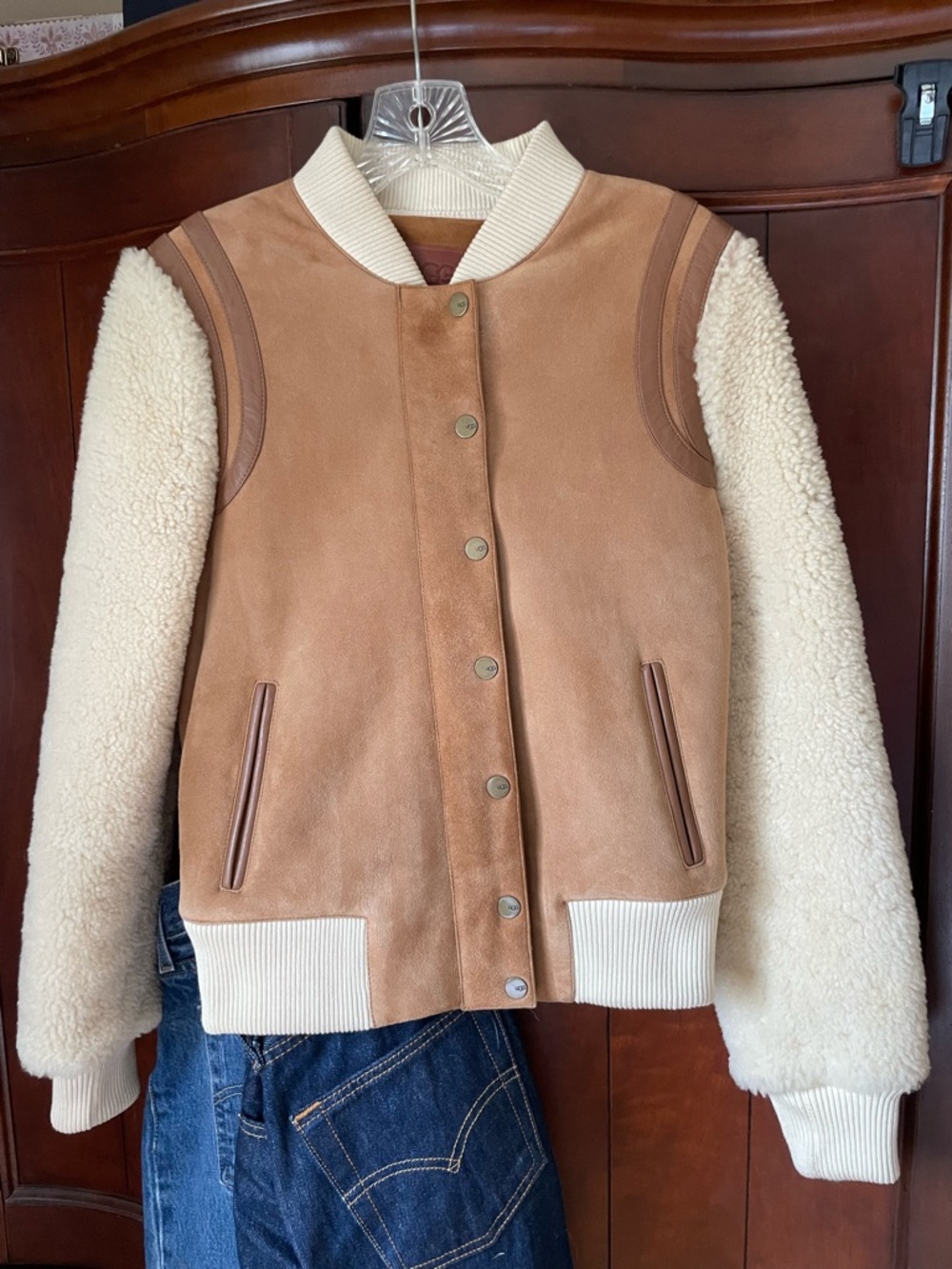UGG Tan Suede Varsity Jacket with Cream Sherpa Sleeves